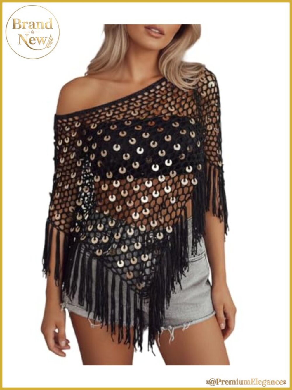 Women's Sheer Tassel Poncho Top Batwing Sleeve Knit Cover-Up Beachwear